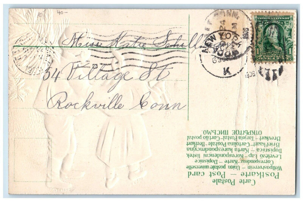 1906 Christmas Children Ax Cut Pine Tree Going Home Winter Embossed Postcard