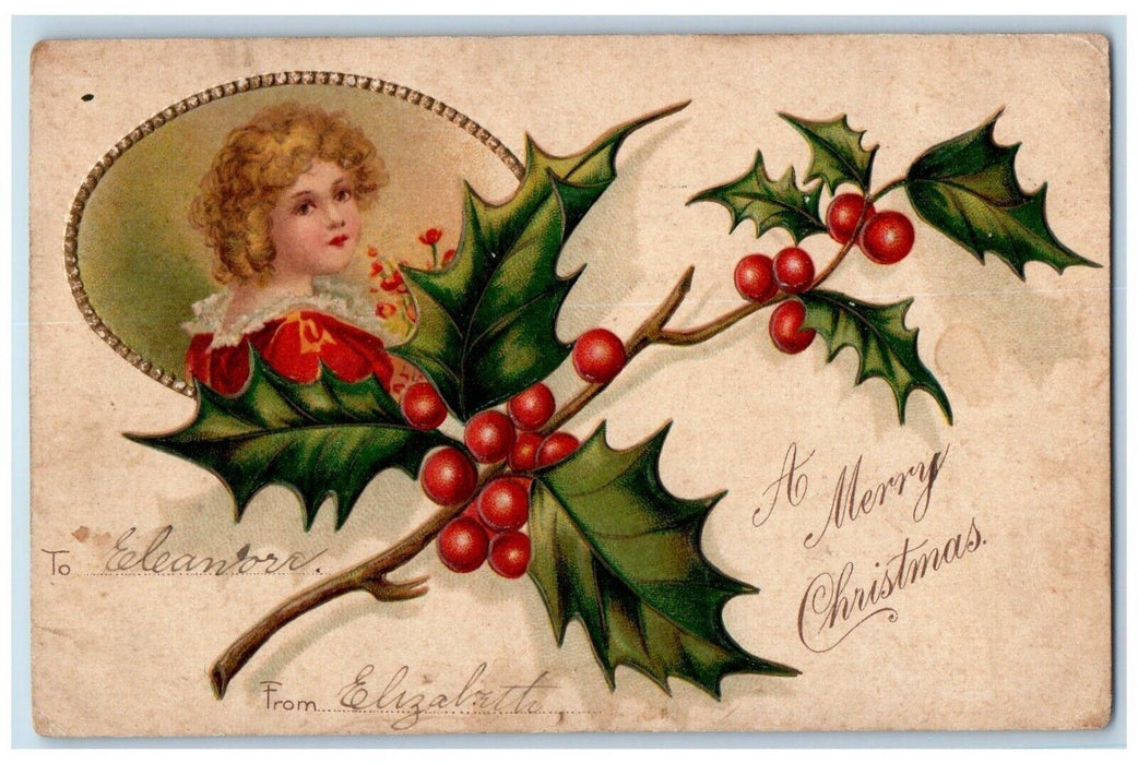 1906 Christmas Girl Holly Berries Clapsaddle Embossed Hartford CT Postcard
