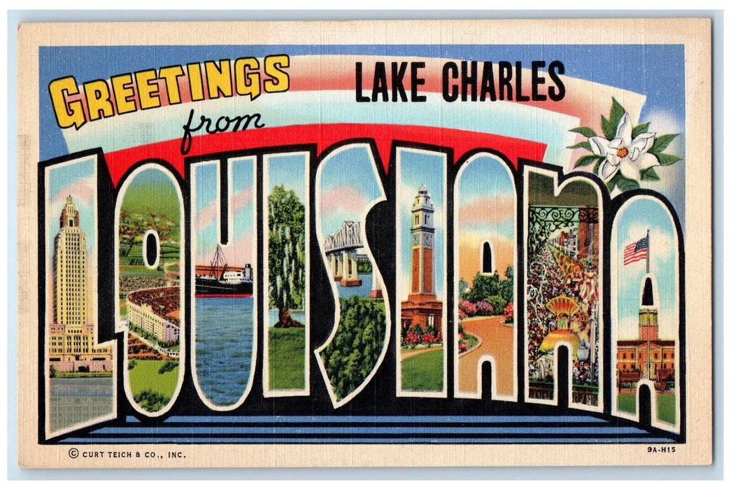 c1940's Greetings from Lake Charles Louisiana LA Vintage Unposted Postcard