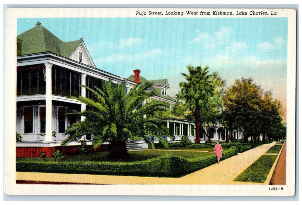 c1940's Pujo Street Looking West from Kirkman Lake Charles Louisiana LA Postcard