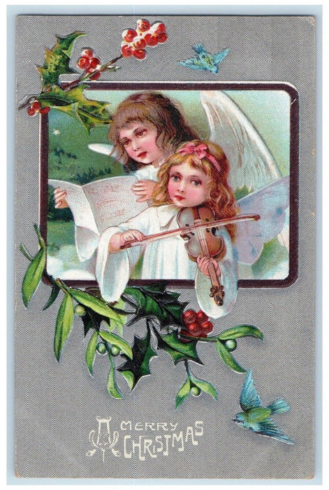 c1910's Christmas Angel Playing Violin Carol Mistletoe Berries Birds Postcard
