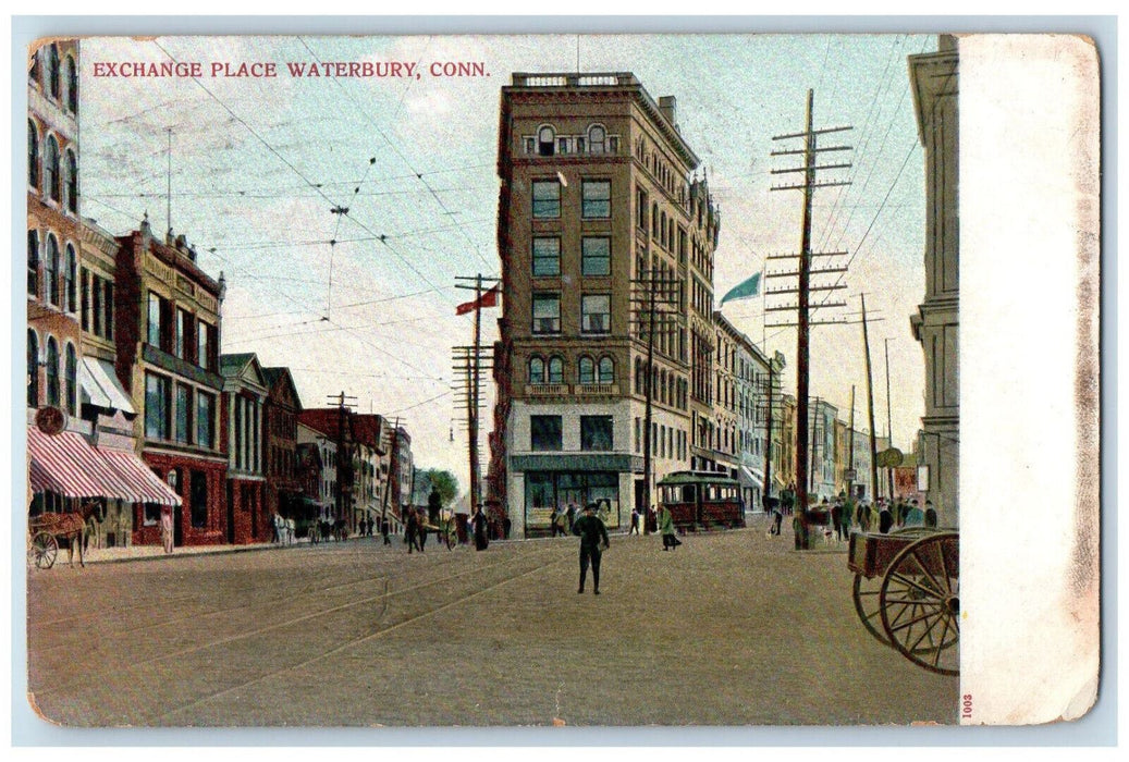 1907 Trolley Car Exchange Place Waterbury Connecticut CT Antique Postcard