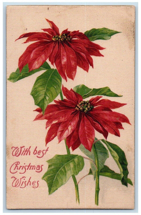 c1910's Christmas Wishes Poinsettia Flowers Winsch Back Silk Antique Postcard