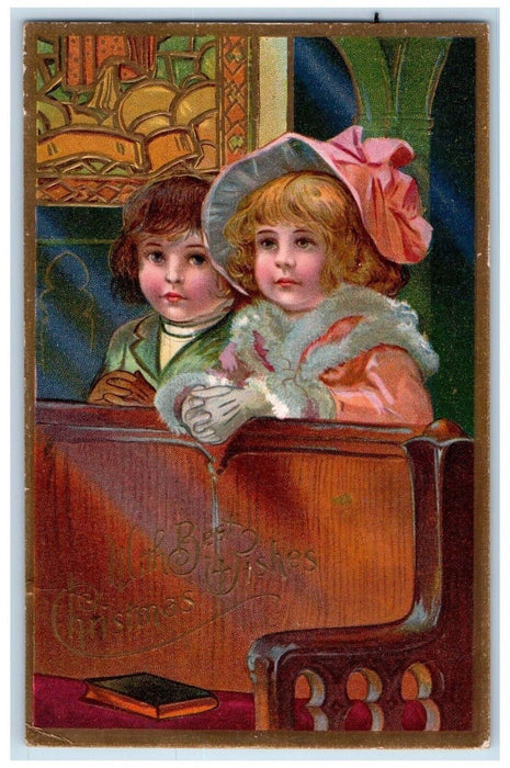 1910 Christmas Wishes Children Praying Church Middletown CT Embossed Postcard