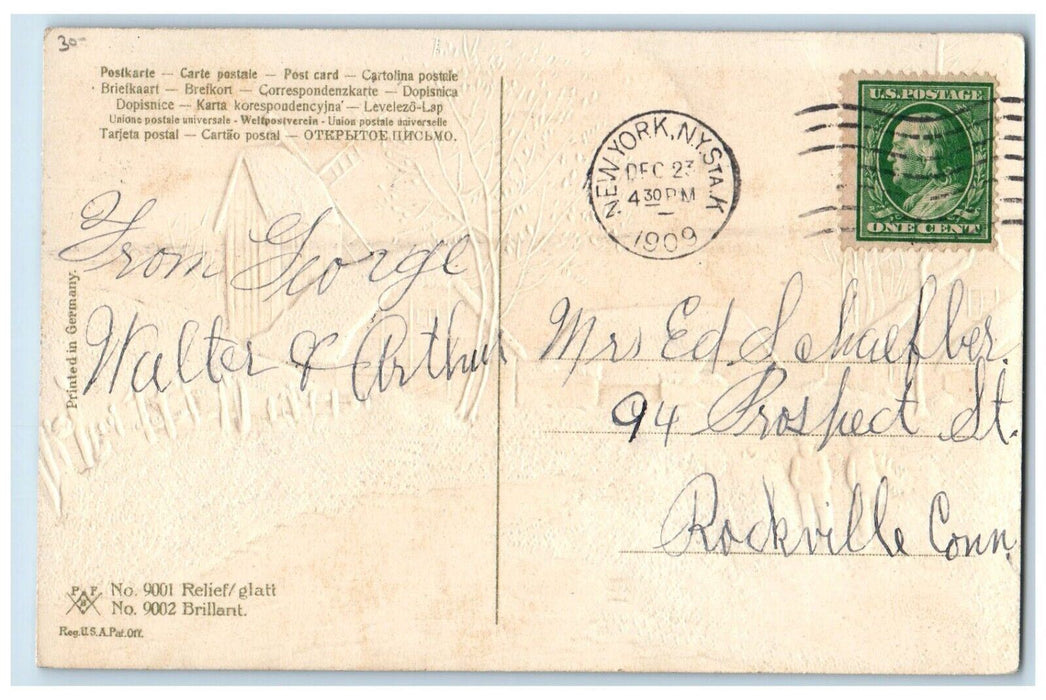 1909 Christmas Wishes House Covered Snow Winter Embossed Posted Antique Postcard