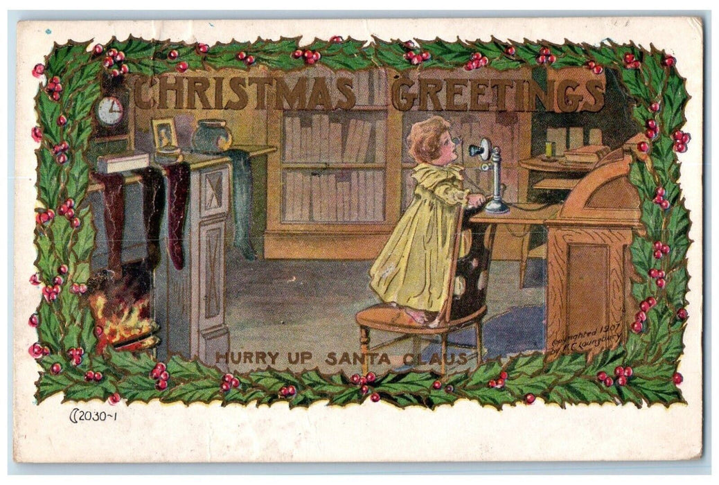 1910 Christmas Greetings Little Girl Telephone Holly Berries Loungbury Postcard