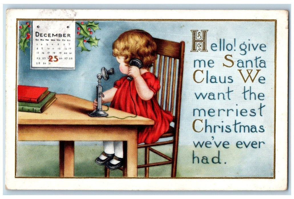 Christmas Little Girl Telephone Calling Santa Claus Calendar Embossed Postcard
