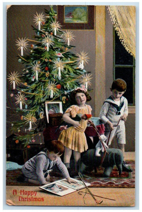 c1910's Christmas Tree Decorated Childrens Playing Toys Posted Antique Postcard