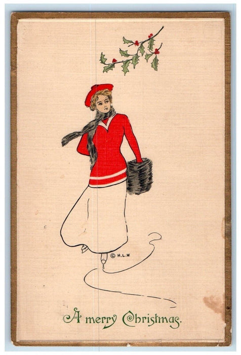 1910 Christmas Woman Ice Skating Handwarmer Chicago Illinois IL Antique Postcard