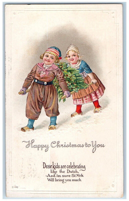 1915 Christmas Dutch Kids Carrying Holly Berries Embossed Waltham MA Postcard