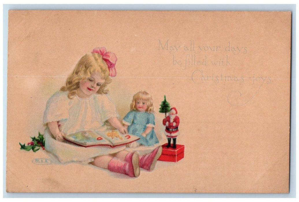 1917 Christmas Joys Little Girl Letters Doll Santa Toys Gibson Antique Postcard