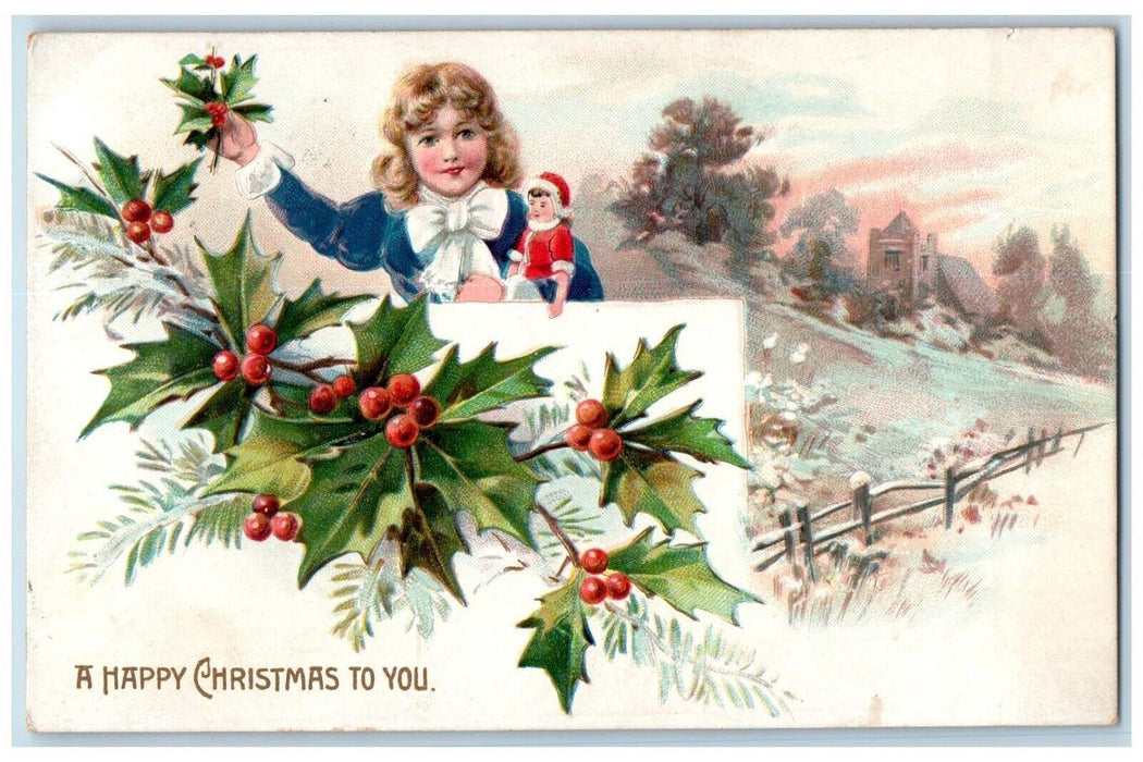 1907 Happy Christmas Girl Doll Toy Holly Berries Embossed Tuck's Posted Postcard