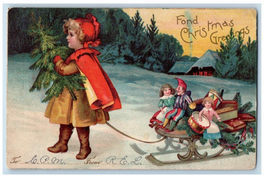 1906 Christmas Greetings Girl Pulling Cart Toys Jester Clapsaddle Postcard
