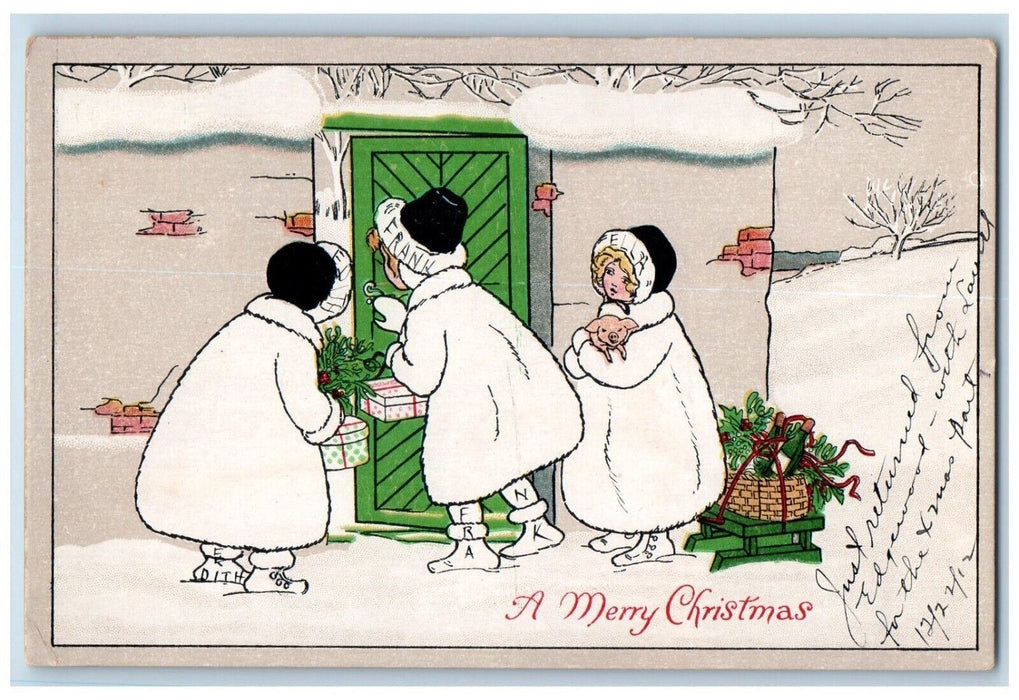 c1910's Christmas Girls Knocking Door With Gifts Presents Berries Postcard