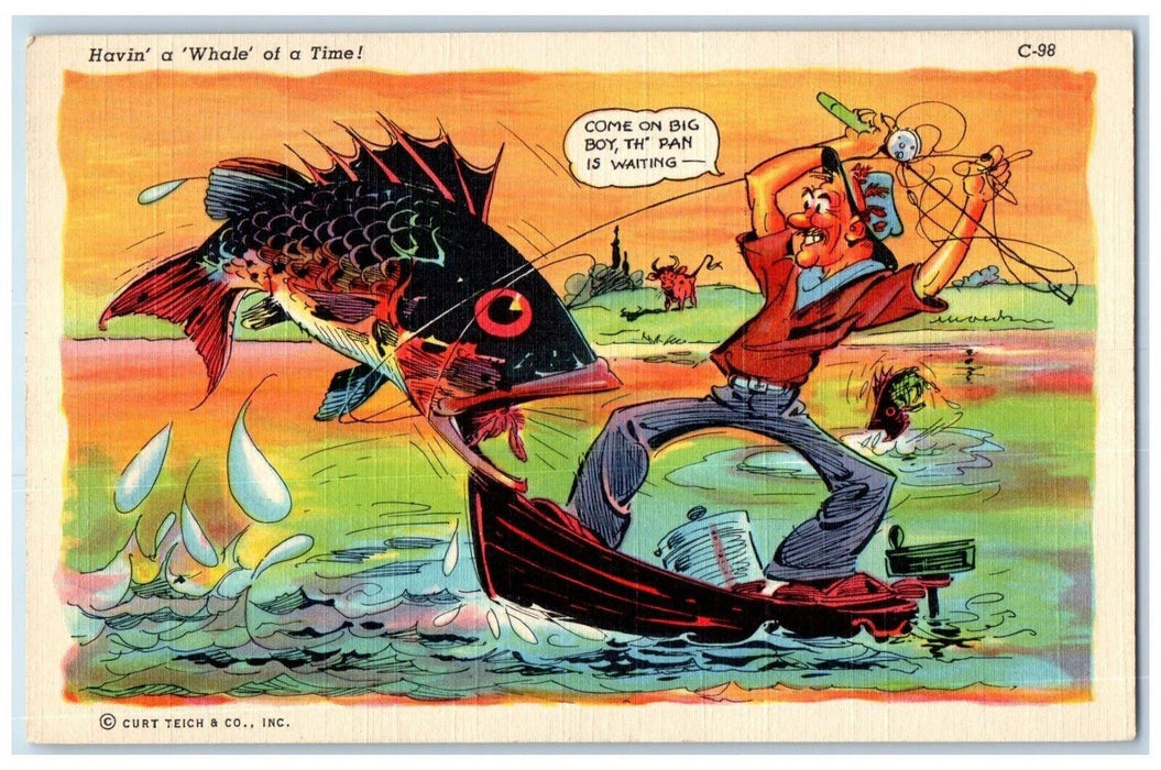 1941 Havin A Whale Time Exaggerated Fishing Comics Plattsburg New York Postcard