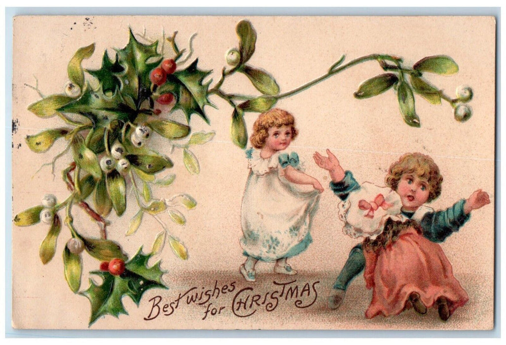 c1910's Christmas Childrens Playing Mistletoe Berries Embossed Nash Postcard