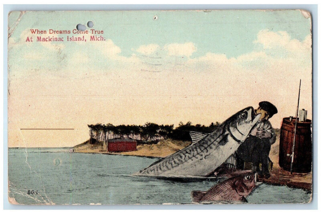 1935 When Dreams Come True Mackinac Island Michigan Exaggerated Fishing Postcard