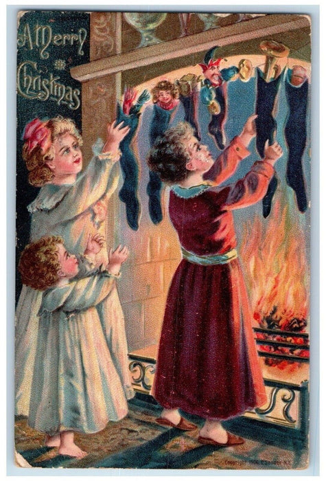 1907 Christmas Hanging Stockings Full Of Toys Embossed Springfield MA Postcard