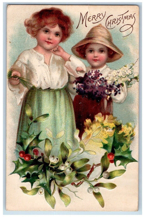 1908 Christmas Little Girls Mistletoe Pansies Berries Embossed Nash Postcard