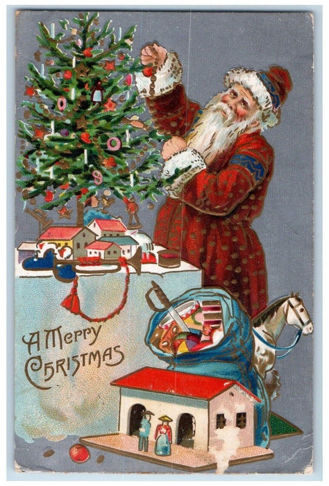 1909 Christmas Old World Santa Claus Christmas Tree Decor Toys Embossed Postcard