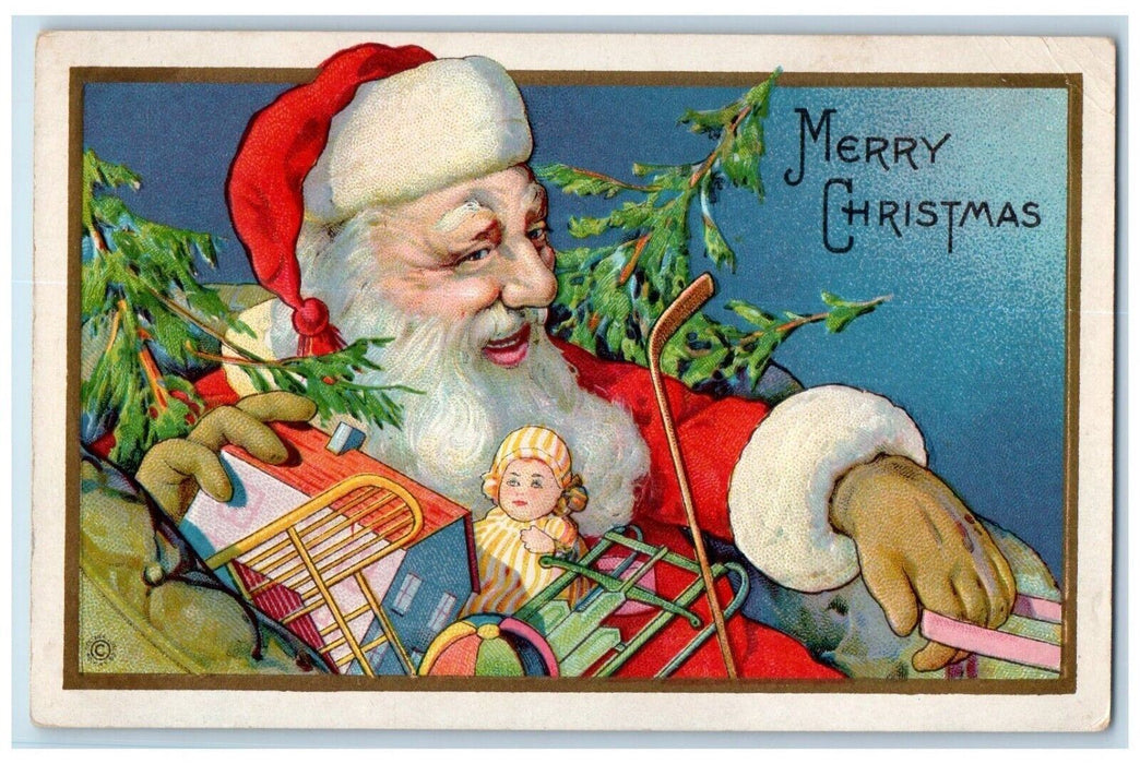 c191 Christmas Santa Claus Pine Trees With Toys Embossed Antique Postcard