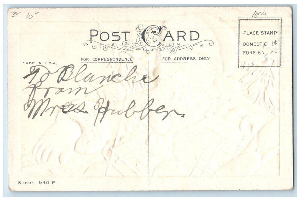 c191 Christmas Santa Claus Pine Trees With Toys Embossed Antique Postcard