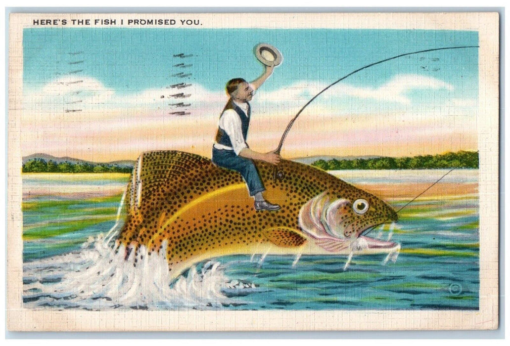 1938 Here's The Fish I Promised You Exaggerated Riding Fishing New York Postcard