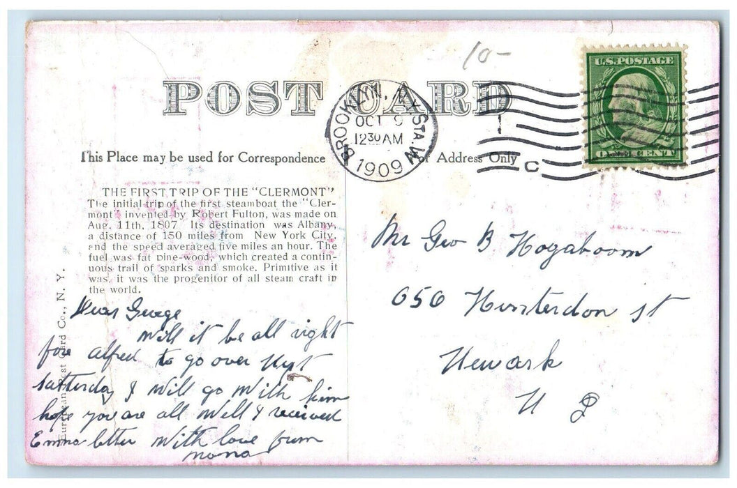 1909 First Trip Clermont Steamboat Robert Fulton Brooklyn New York NY Postcard