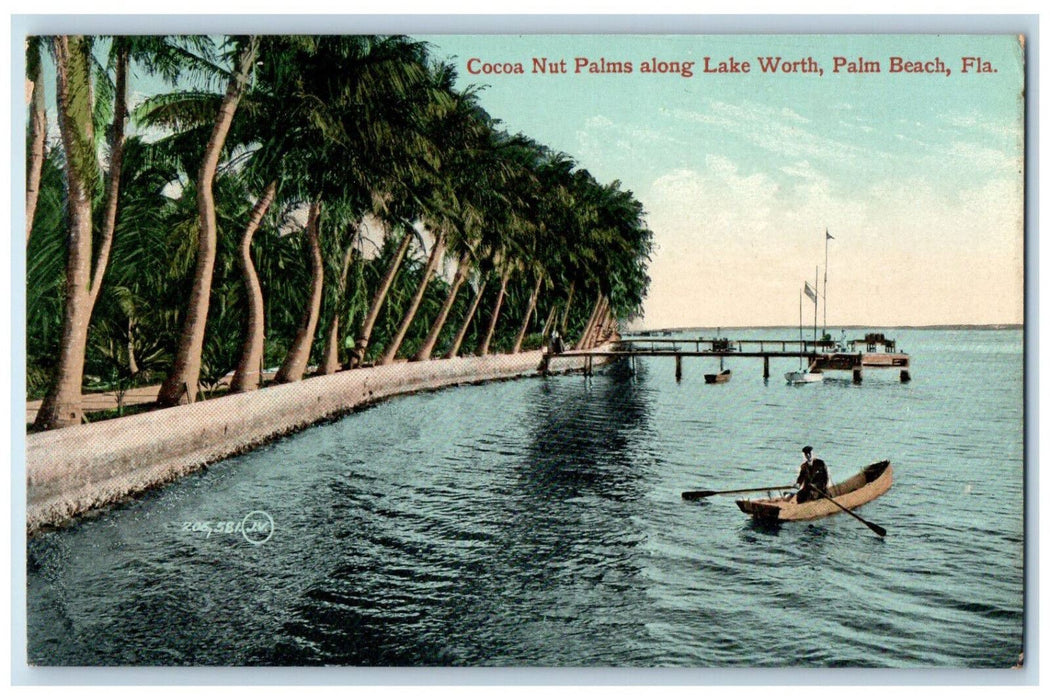 c1910 Boats at Cocoa Nut Palms Along Lake Worth Palm Beach Florida FL Postcard