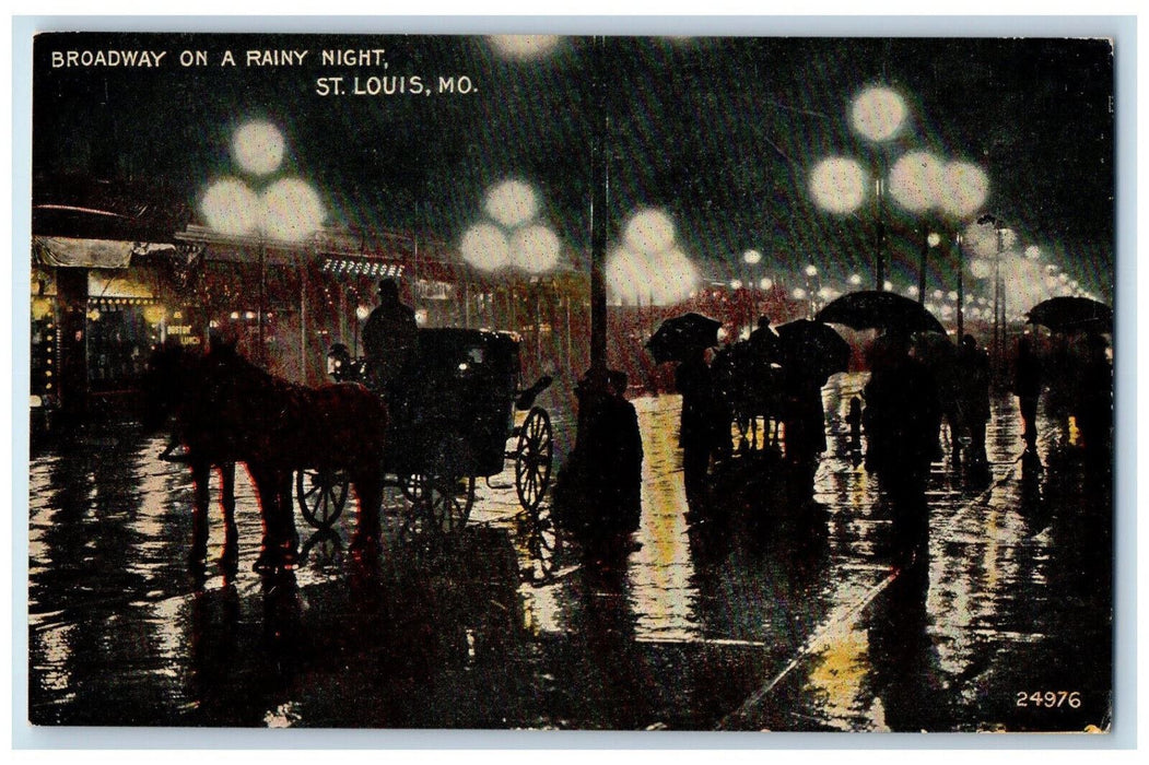 c1910 Broadway on a Rainy Night St. Louis Missouri MO Antique Postcard
