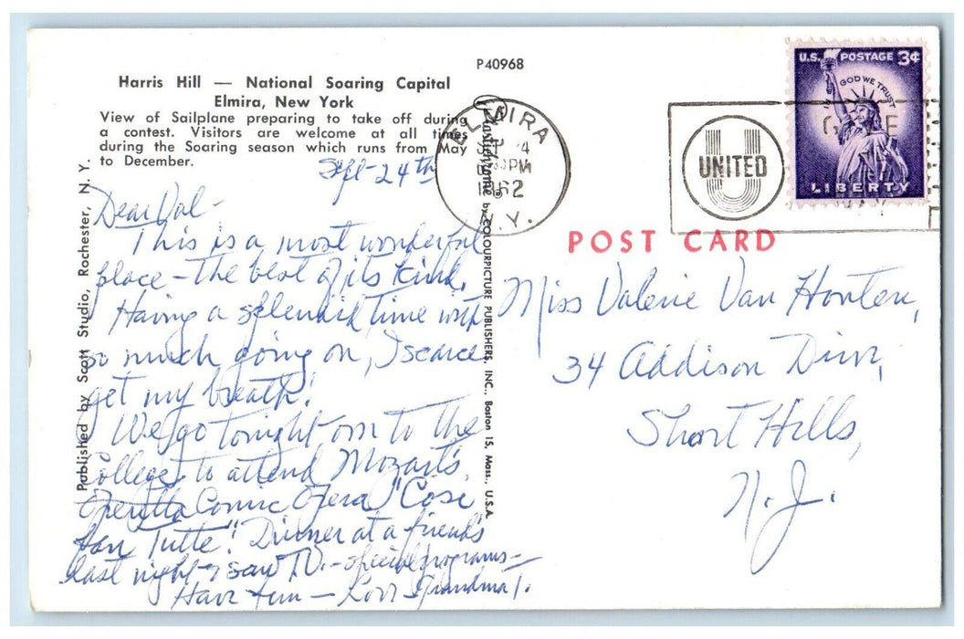 1962 Harris Hill National Soaring Capital Sailplane Elmira New York NY Postcard