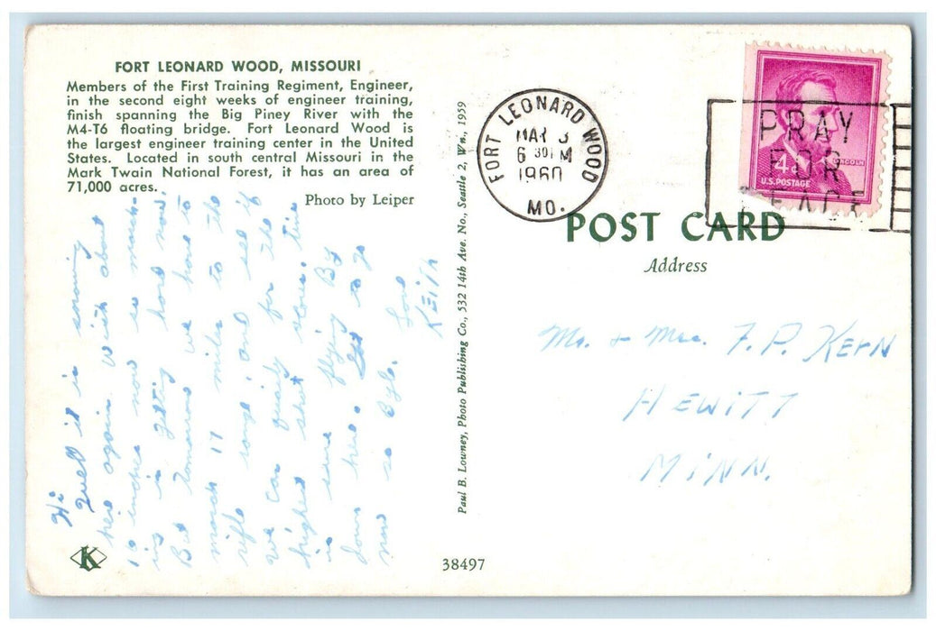 1960 First Training Regiment Engineer Piney Fort Leonard Wood Missouri Postcard
