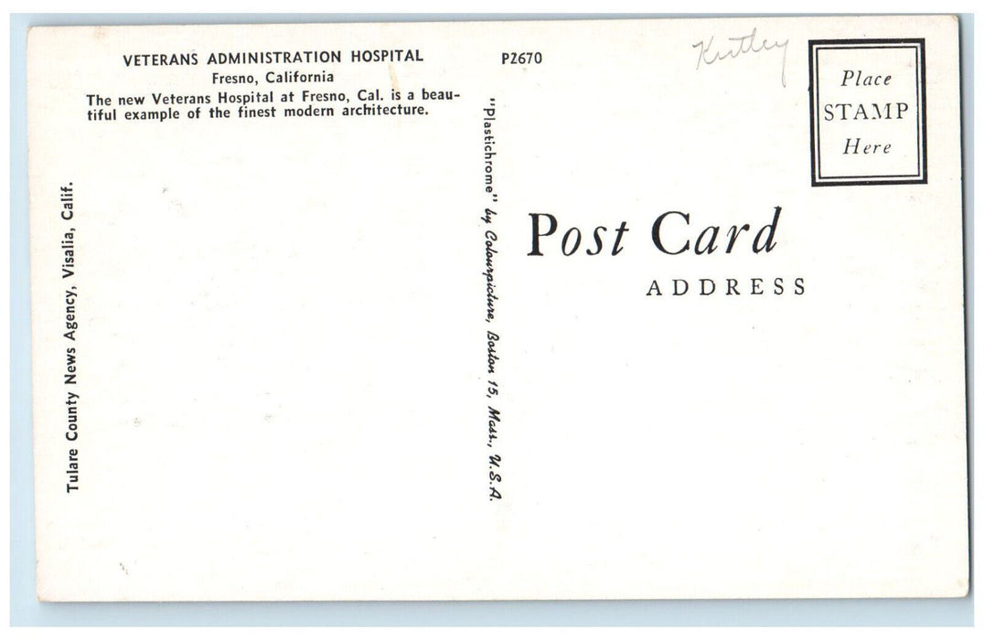 Veterans Administration Hospital Building Fresno California CA Vintage Postcard