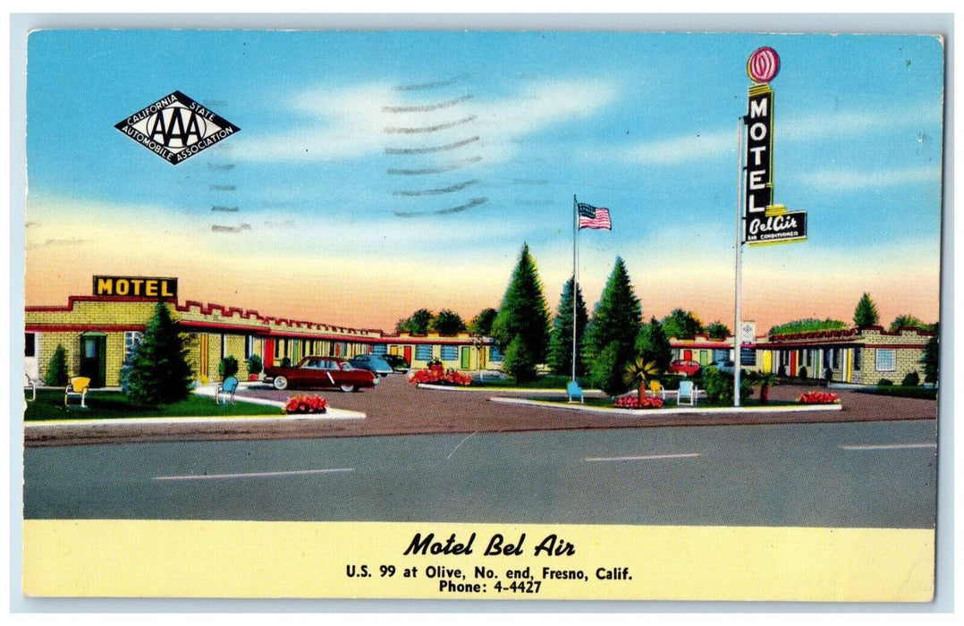 1957 View Of Motel Bel Air Fresno California CA, Street Cars Scene Postcard