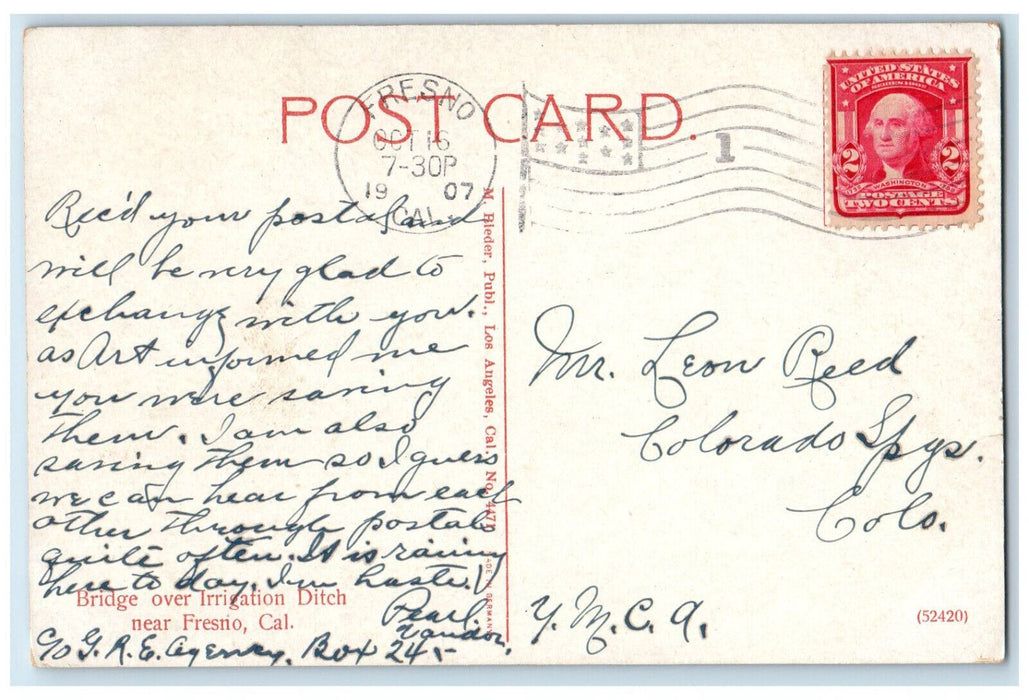 1907 View Of Bridge Over Irrigation Ditch Near Fresno California CA Postcard