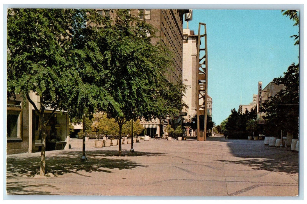 Fresno's Mall Mariposa Clock Tower Tree-lined Scene California CA Postcard