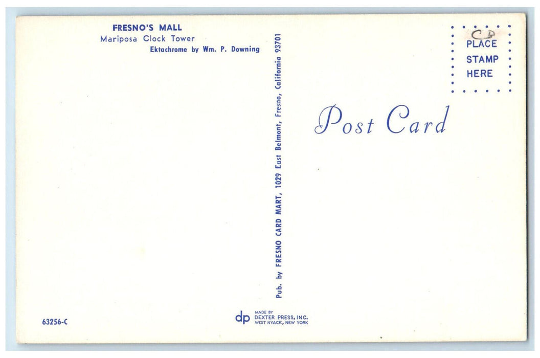 Fresno's Mall Mariposa Clock Tower Tree-lined Scene California CA Postcard