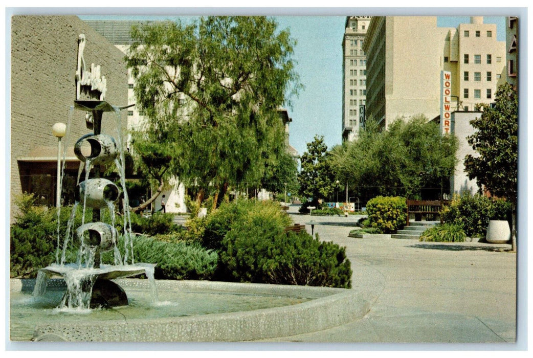 Fresno's Mall Water Fountain Garden Scene California CA Vintage Postcard