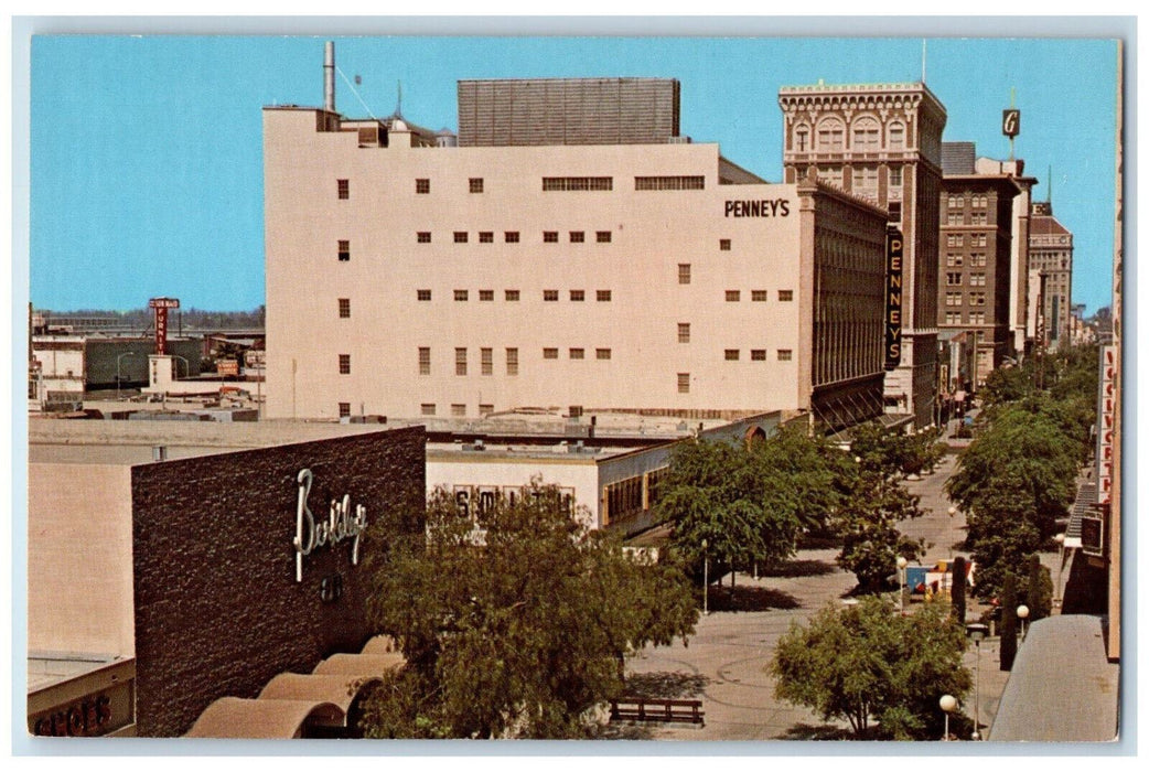 Fresno's Mall Showing Penneys Building Tree-lined Scene California CA Postcard