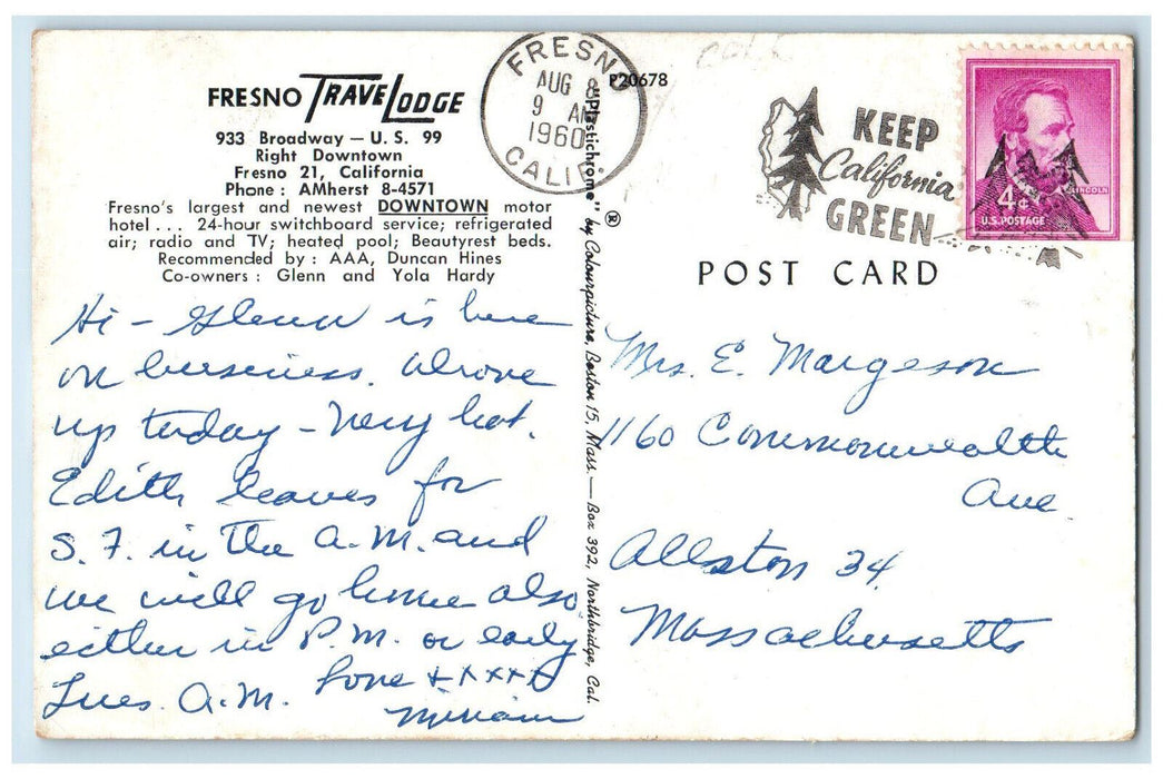 1960 Trave Lodge Motel Swimming Pool Fresno California CA Dual View Postcard