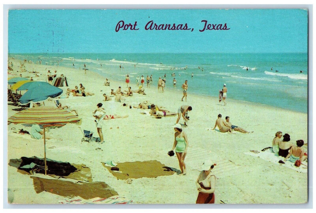 c1960 Clear Blue Water Soft Sand Beckon Vacationists Port Aransas Texas Postcard