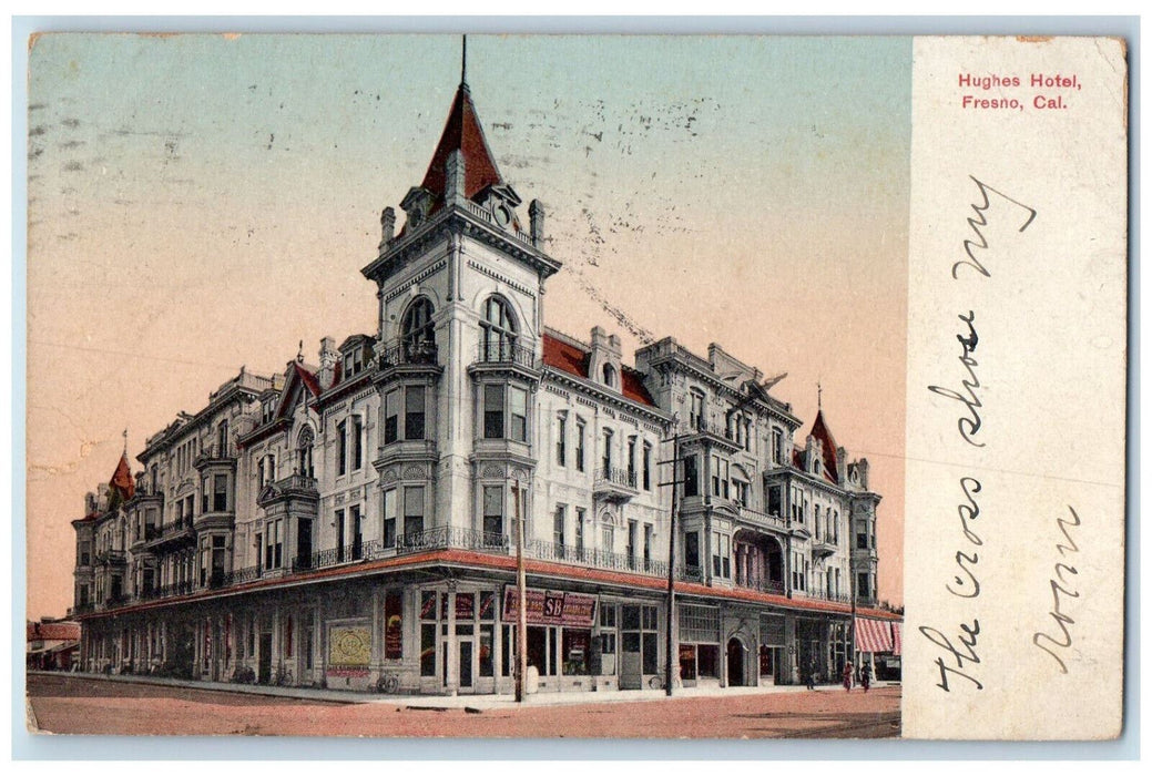 1908 View Of Hughes Hotel Building Fresno California CA Vintage Postcard