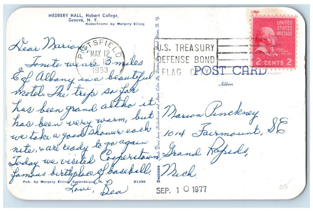 1953 Medbery Hall Hobart College Exterior Building Geneva New York NY Postcard