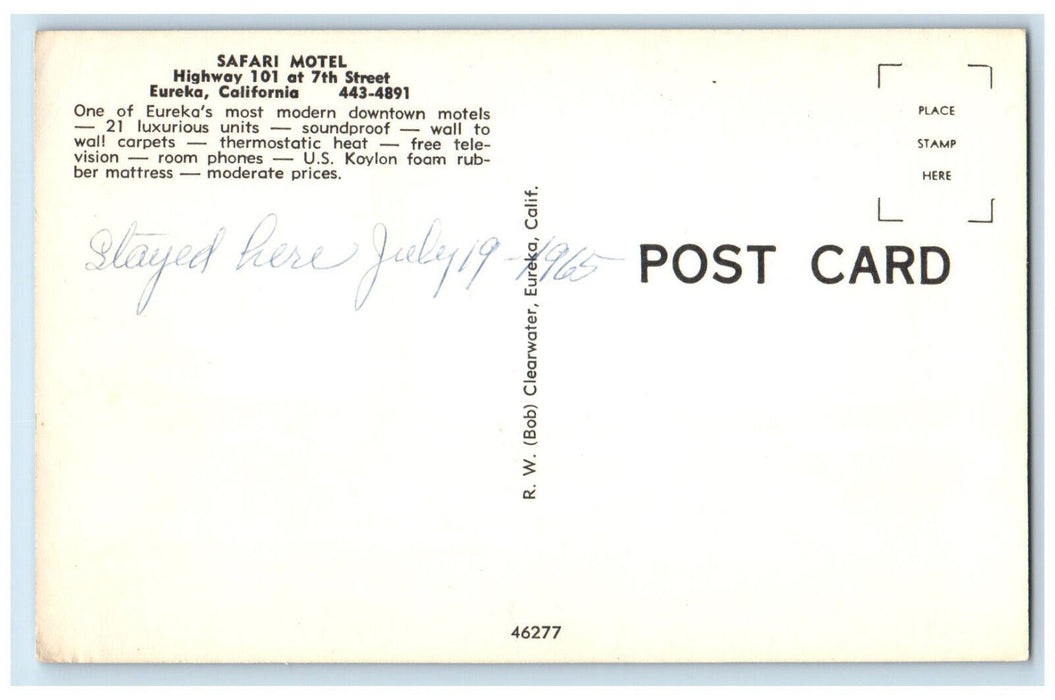 Safari Motel Cars Street Showing Eureka California CA Vintage Unposted Postcard