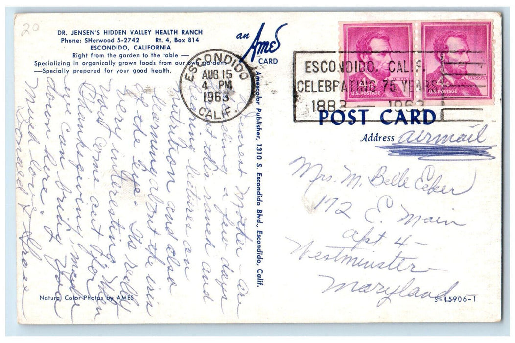1963 Dr. Jensen's Hidden Valley Health Ranch Escondido California CA Postcard