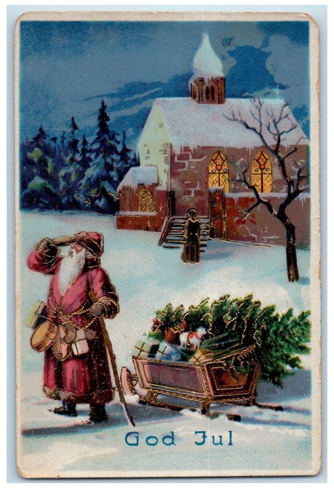 c1910's Merry Christmas Santa Claus With Toys Winter Gel Gold Gilt Postcard