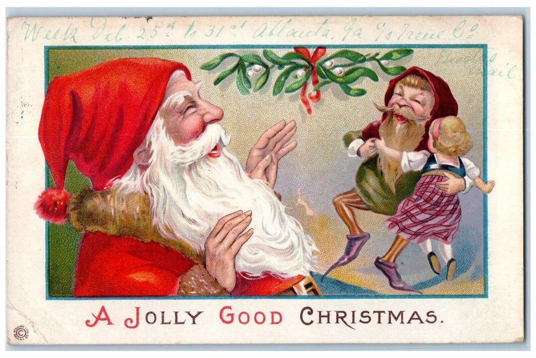 1921 Christmas Jolly Santa Claus Elf Gnome Mistletoe Embossed Vintage Postcard
