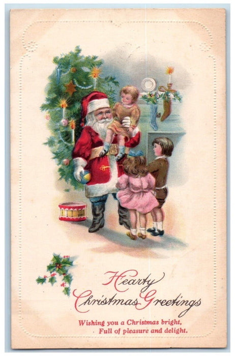1920 Christmas Greetings Santa Claus Children Hanging Stockings Antique Postcard