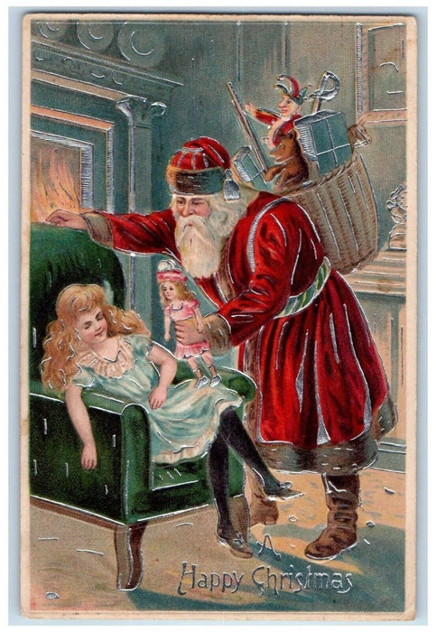1908 Christmas Sleeping Girl Santa Claus Doll Present Hartford CT Postcard