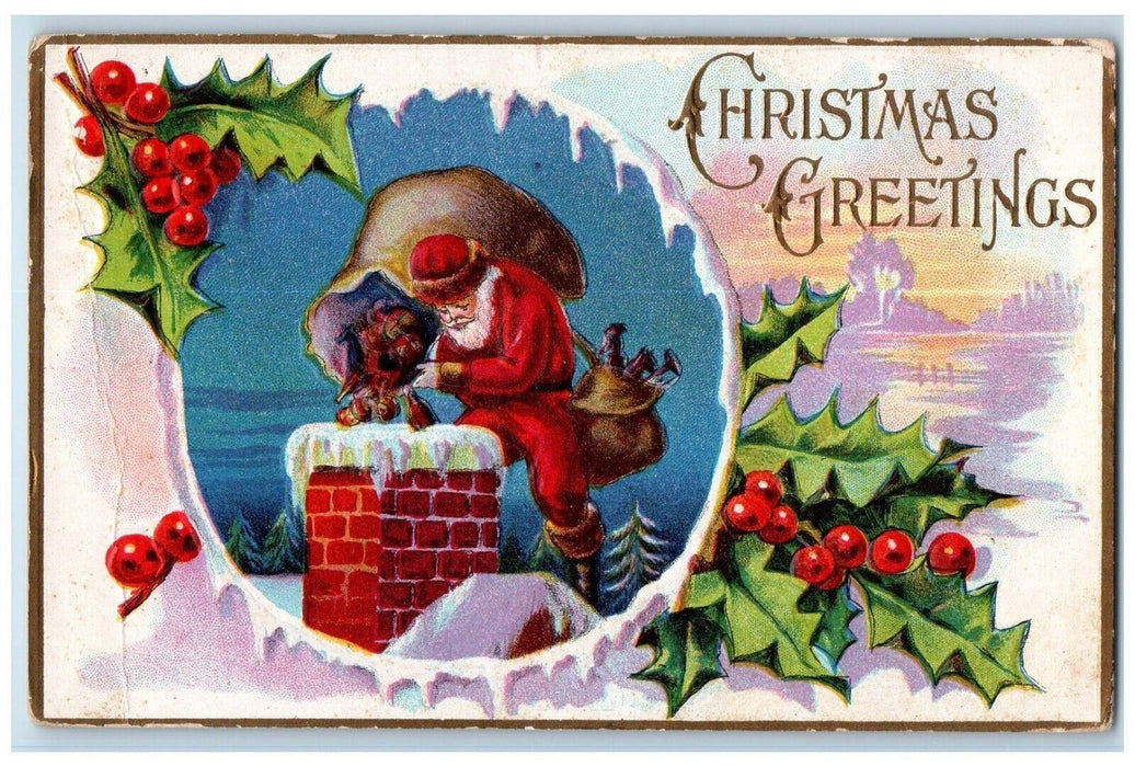 1910 Christmas Greetings Santa Claus Dumping Toys Down Chimney Embossed Postcard
